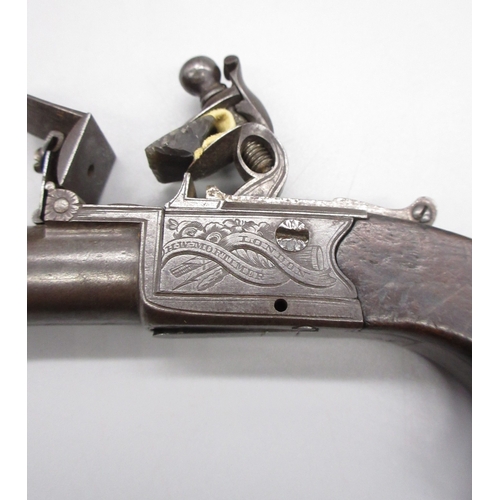 26 - Cased pair of 40 bore flintlock pocket pistols with folding triggers by `H.W.MORTIMER LONDON, Gun Ma... 