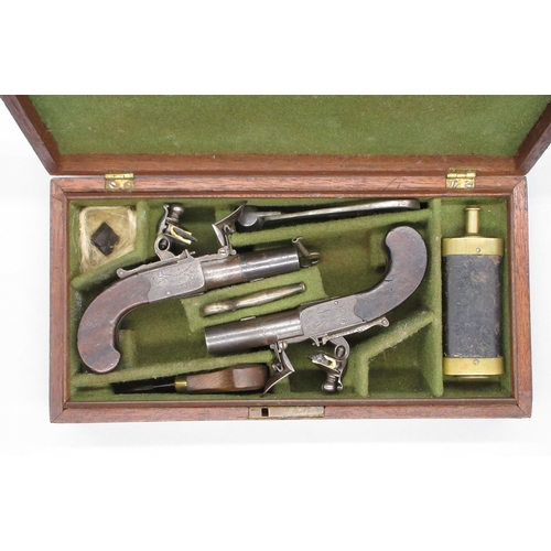 26 - Cased pair of 40 bore flintlock pocket pistols with folding triggers by `H.W.MORTIMER LONDON, Gun Ma... 