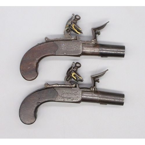 26 - Cased pair of 40 bore flintlock pocket pistols with folding triggers by `H.W.MORTIMER LONDON, Gun Ma... 