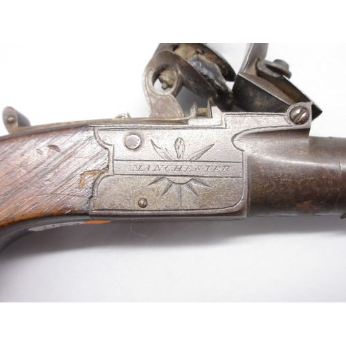 27 - Flintlock 40 bore pocket pistol with folding trigger by `Styan Manchester', 1.75
