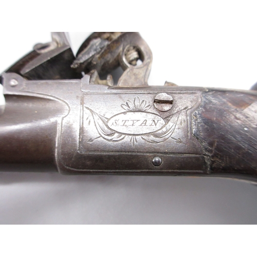 27 - Flintlock 40 bore pocket pistol with folding trigger by `Styan Manchester', 1.75