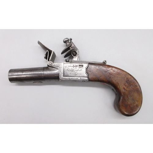 28 - Flintlock 36 bore pocket pistol with folding trigger by `Dunderdale & Mabson', 1.75