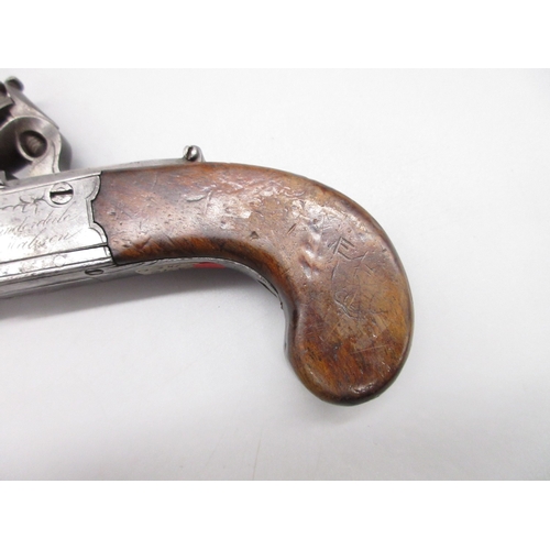 28 - Flintlock 36 bore pocket pistol with folding trigger by `Dunderdale & Mabson', 1.75