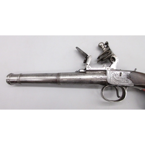 33 - Silver mounted Queen Anne style flintlock cannon barrel pistol by `Heylin Cornhill London', 6