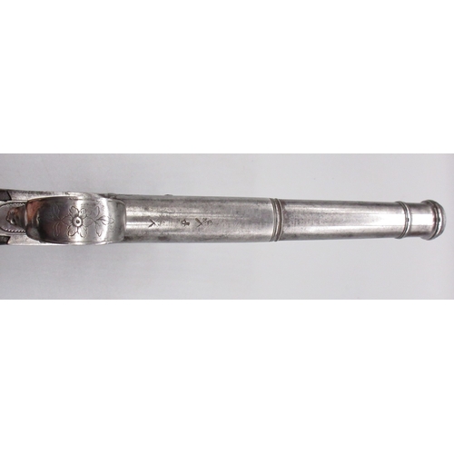33 - Silver mounted Queen Anne style flintlock cannon barrel pistol by `Heylin Cornhill London', 6