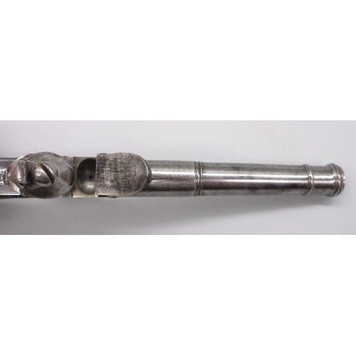 33 - Silver mounted Queen Anne style flintlock cannon barrel pistol by `Heylin Cornhill London', 6