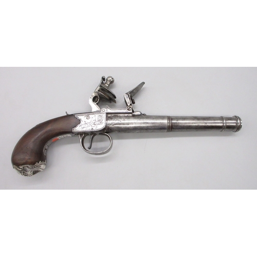 33 - Silver mounted Queen Anne style flintlock cannon barrel pistol by `Heylin Cornhill London', 6