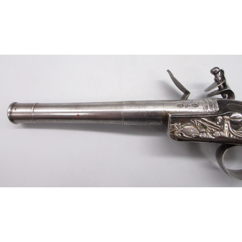 36 - A fine Queen Anne silver mounted half stocked flintlock 20 bore pistol by `T. Davis London' 5.5