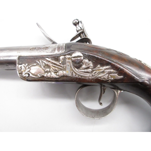 36 - A fine Queen Anne silver mounted half stocked flintlock 20 bore pistol by `T. Davis London' 5.5