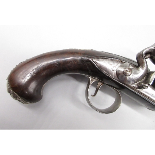 36 - A fine Queen Anne silver mounted half stocked flintlock 20 bore pistol by `T. Davis London' 5.5