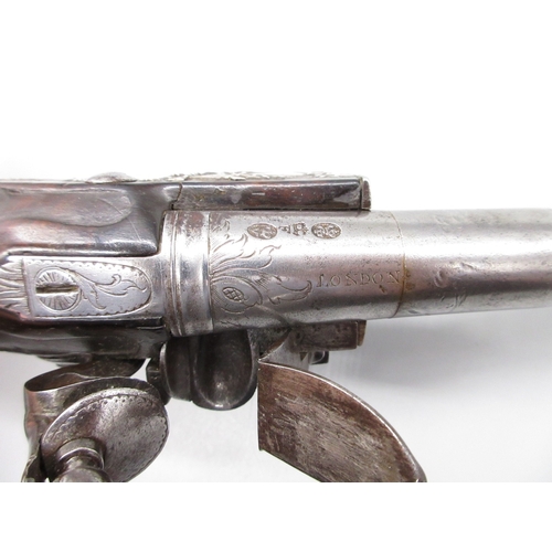 36 - A fine Queen Anne silver mounted half stocked flintlock 20 bore pistol by `T. Davis London' 5.5