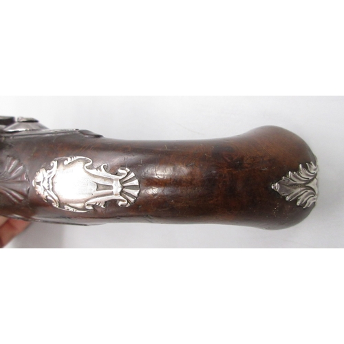 36 - A fine Queen Anne silver mounted half stocked flintlock 20 bore pistol by `T. Davis London' 5.5