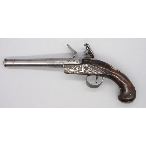 36 - A fine Queen Anne silver mounted half stocked flintlock 20 bore pistol by `T. Davis London' 5.5