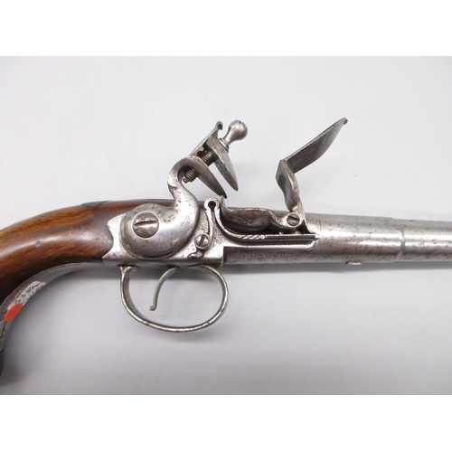 37 - Queen Anne 70 bore flintlock cannon barrel pistol by `Clarke London', 4.5