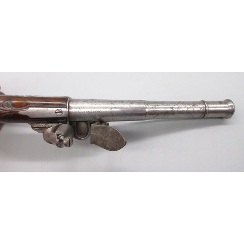 37 - Queen Anne 70 bore flintlock cannon barrel pistol by `Clarke London', 4.5