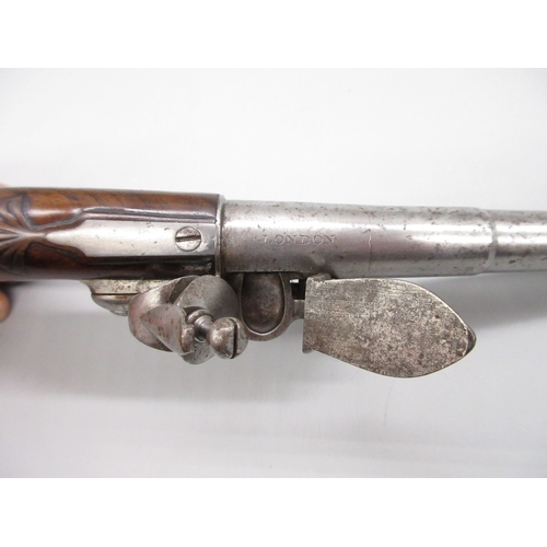 37 - Queen Anne 70 bore flintlock cannon barrel pistol by `Clarke London', 4.5