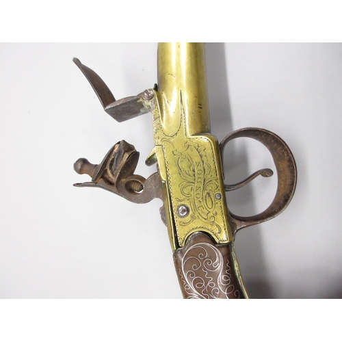 39 - 24 bore brass flintlock silver mounted cannon barrel  pistol by `Hadley London' 5.5