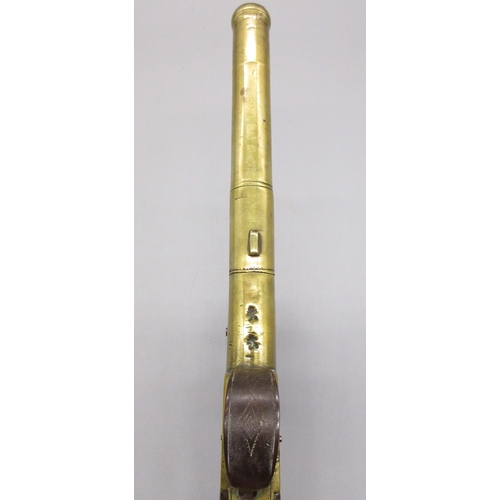 39 - 24 bore brass flintlock silver mounted cannon barrel  pistol by `Hadley London' 5.5