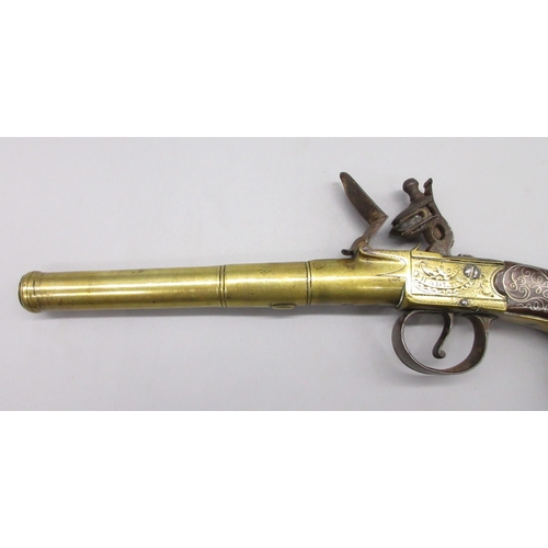 39 - 24 bore brass flintlock silver mounted cannon barrel  pistol by `Hadley London' 5.5