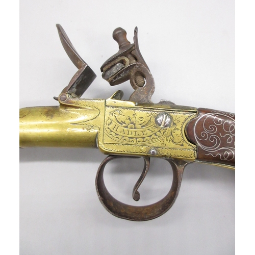 39 - 24 bore brass flintlock silver mounted cannon barrel  pistol by `Hadley London' 5.5