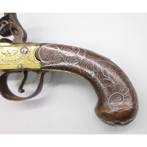 39 - 24 bore brass flintlock silver mounted cannon barrel  pistol by `Hadley London' 5.5