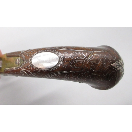 39 - 24 bore brass flintlock silver mounted cannon barrel  pistol by `Hadley London' 5.5