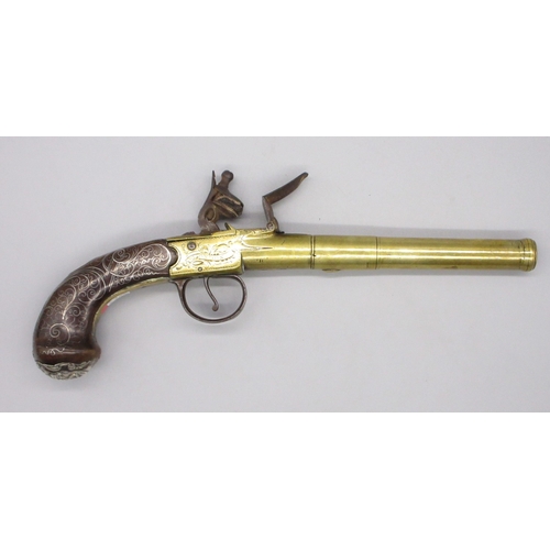 39 - 24 bore brass flintlock silver mounted cannon barrel  pistol by `Hadley London' 5.5