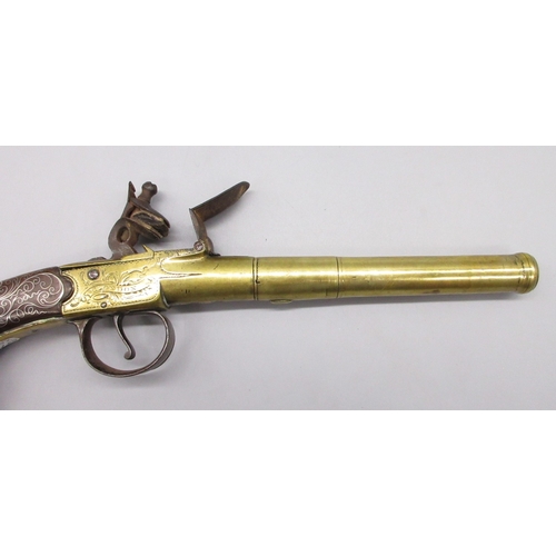 39 - 24 bore brass flintlock silver mounted cannon barrel  pistol by `Hadley London' 5.5