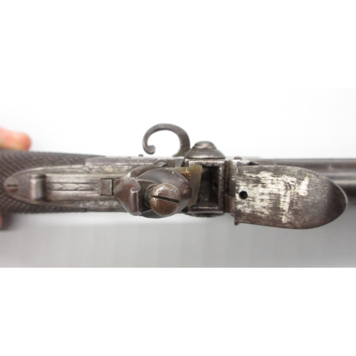 44 - 54 bore flintlock tap-action over and under pocket pistol by `T. Whitehouse West Bromwich' 2.75