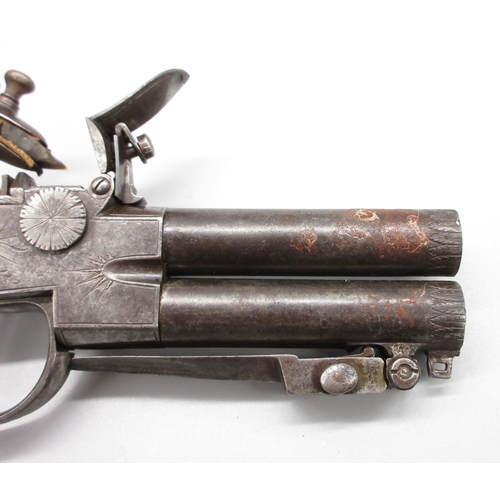 44 - 54 bore flintlock tap-action over and under pocket pistol by `T. Whitehouse West Bromwich' 2.75