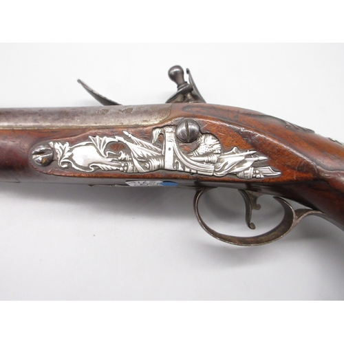 48 - Pair of silver mounted 22 bore flintlock pistols by, `Collumbell London', 8