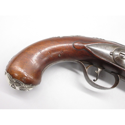 48 - Pair of silver mounted 22 bore flintlock pistols by, `Collumbell London', 8