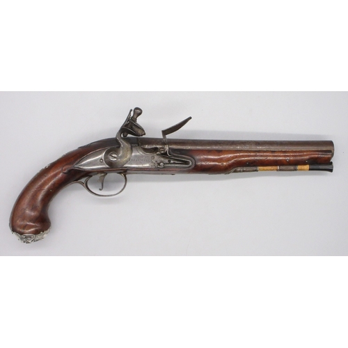 48 - Pair of silver mounted 22 bore flintlock pistols by, `Collumbell London', 8