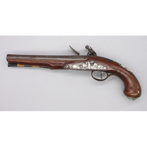 48 - Pair of silver mounted 22 bore flintlock pistols by, `Collumbell London', 8