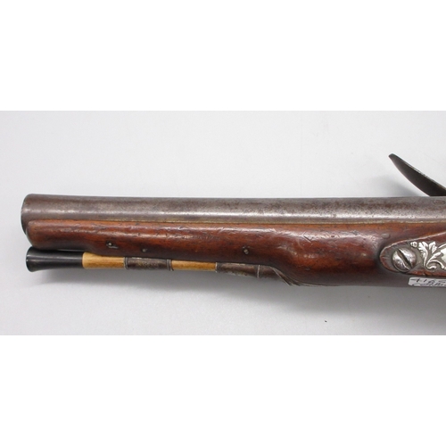 48 - Pair of silver mounted 22 bore flintlock pistols by, `Collumbell London', 8