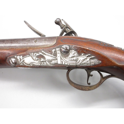 48 - Pair of silver mounted 22 bore flintlock pistols by, `Collumbell London', 8