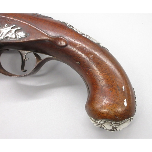 48 - Pair of silver mounted 22 bore flintlock pistols by, `Collumbell London', 8