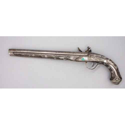 50 - Extremely ornate white and yellow metal early 19th Century Turkish 22 bore flintlock holster pistol,... 