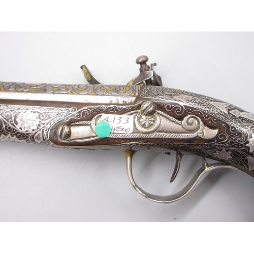 50 - Extremely ornate white and yellow metal early 19th Century Turkish 22 bore flintlock holster pistol,... 