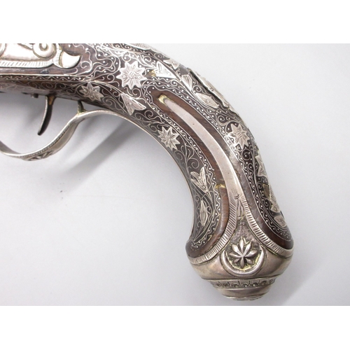50 - Extremely ornate white and yellow metal early 19th Century Turkish 22 bore flintlock holster pistol,... 