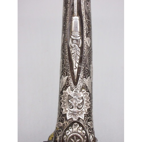 50 - Extremely ornate white and yellow metal early 19th Century Turkish 22 bore flintlock holster pistol,... 