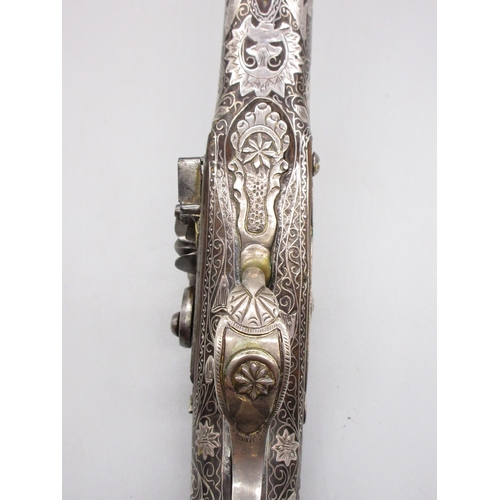50 - Extremely ornate white and yellow metal early 19th Century Turkish 22 bore flintlock holster pistol,... 