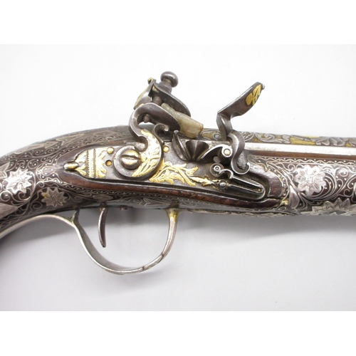 50 - Extremely ornate white and yellow metal early 19th Century Turkish 22 bore flintlock holster pistol,... 