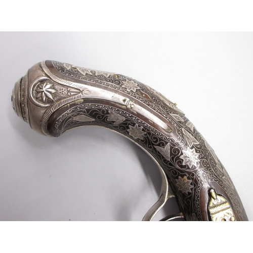 50 - Extremely ornate white and yellow metal early 19th Century Turkish 22 bore flintlock holster pistol,... 