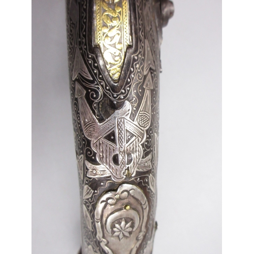 50 - Extremely ornate white and yellow metal early 19th Century Turkish 22 bore flintlock holster pistol,... 