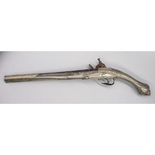 54 - Greek / Balkan 18 bore Miquelet holster pistol, full white metal stock and muzzle sheath, 13