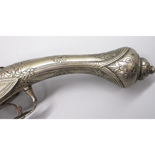 54 - Greek / Balkan 18 bore Miquelet holster pistol, full white metal stock and muzzle sheath, 13