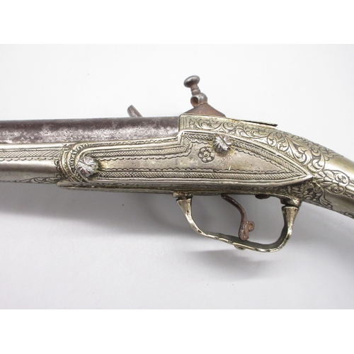 54 - Greek / Balkan 18 bore Miquelet holster pistol, full white metal stock and muzzle sheath, 13