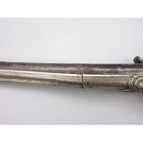 54 - Greek / Balkan 18 bore Miquelet holster pistol, full white metal stock and muzzle sheath, 13