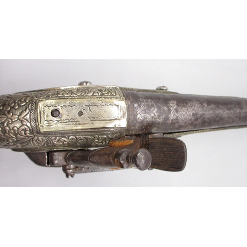 54 - Greek / Balkan 18 bore Miquelet holster pistol, full white metal stock and muzzle sheath, 13